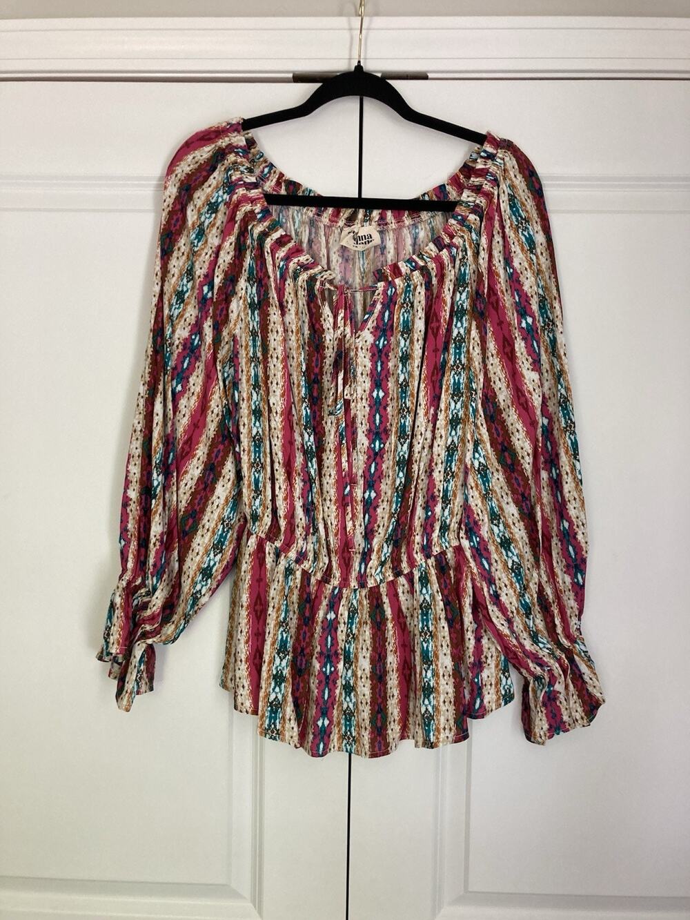 Savanna Jane Multicolor Western Aztec Split Neck Peplum Blouse Women's Size 1X